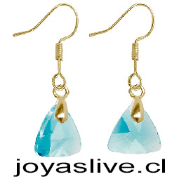 Aros de Oro 18 kl. con Triángulo tipo Swarovski  Celeste (2 gramos)