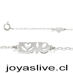 Pulsera Plata chilena 950, cadena eslabones, Love y Corazones