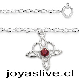 Pulsera Plata chilena 950, cadena cartier, Nudo de Brujas Corazón, granate